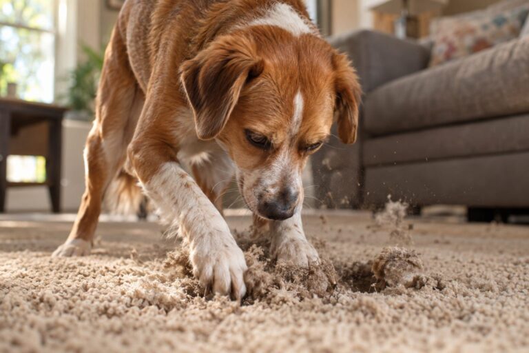 Un chien creusant frénétiquement le sol du salon, vue rapprochée des pattes et du tapis
