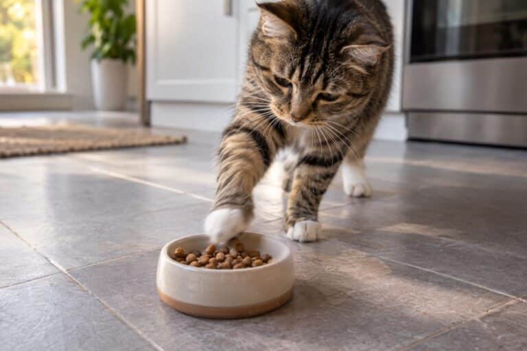 Un chat gris/tabby poussant sa gamelle avec sa patte sur un carrelage de cuisine moderne, vue de dessus légèrement en plongée