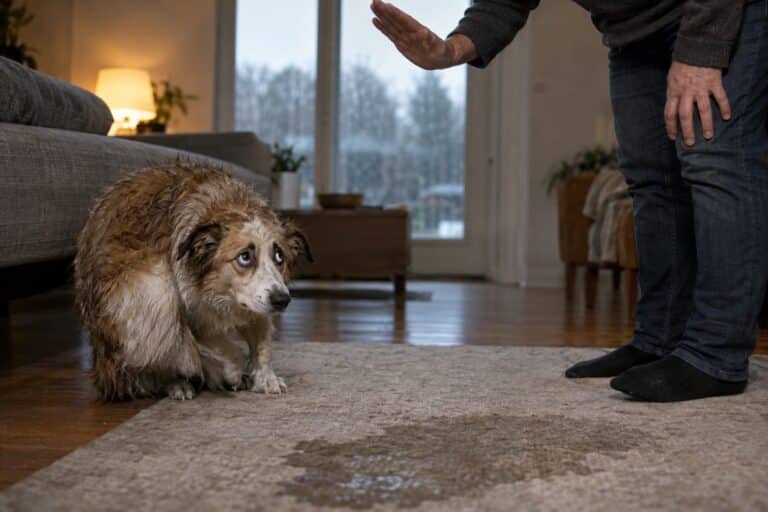 Un chien mouillé et apeuré se recroqueville pendant qu'un propriétaire frustré lève la voix, dans un salon avec un tapis accidentellement sali, par une après-midi pluvieuse de novembre