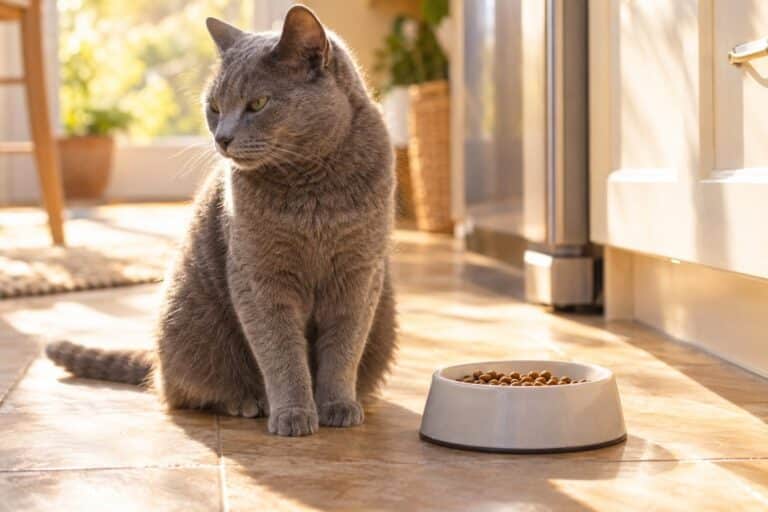 Un chat gris assis à côté de sa gamelle pleine de croquettes, détournant le regard avec désintérêt pendant une journée chaude d'été
