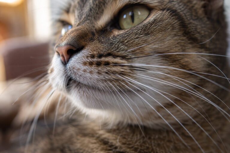 Gros plan des moustaches d'un chat domestique, montrant leur structure sensorielle fine et leur position délicate autour du museau