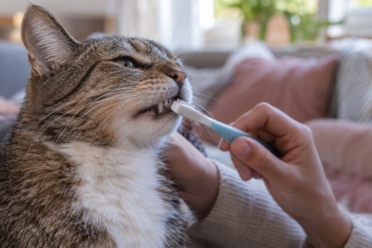 Gros plan du visage d'un chat domestique (Felis catus) pendant le brossage de ses dents avec une brosse à dents féline, montrant l'interaction bienveillante entre propriétaire et animal