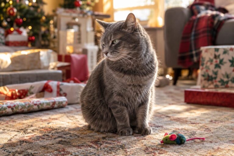 Chat gris assis face à un jouet souris en peluche sur un tapis du salon, avec un regard désintéressé pendant les fêtes de Noël
