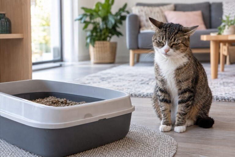 Chat assis près d'une litière dans un intérieur domestique, avec une expression de malaise face aux odeurs