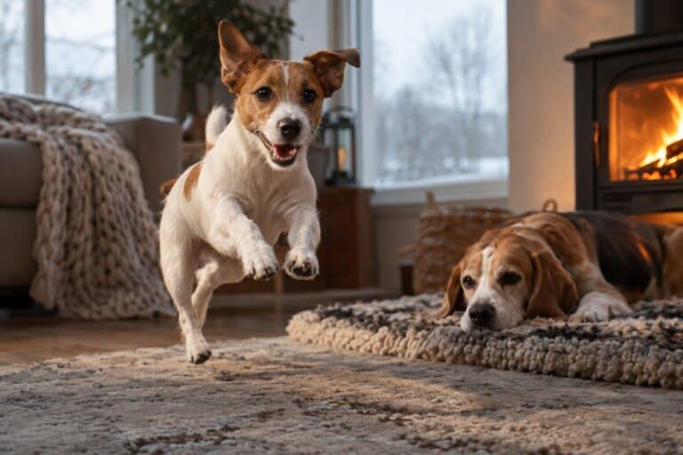 Un Jack Russell Terrier énergique jouant dans un salon d'hiver gris et froid, contrastant avec un Beagle calme allongé près d'une cheminée