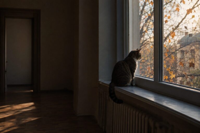 Chat solitaire regardant par la fenêtre d'un appartement vide pendant la journée automnale