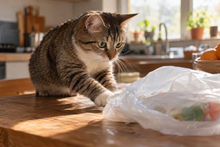 Un chat domestique aux yeux écarquillés, assis près d'un sac plastique froissé sur une table de cuisine, capturant le moment de curiosité intense avant qu'il ne l'inspecte