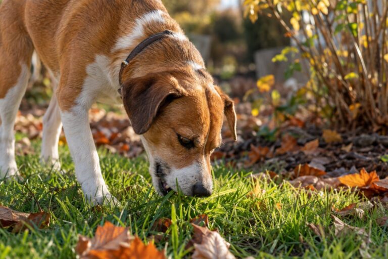 Un chien en train de brouter l'herbe dans un jardin automnal, vue rapprochée de l'action
