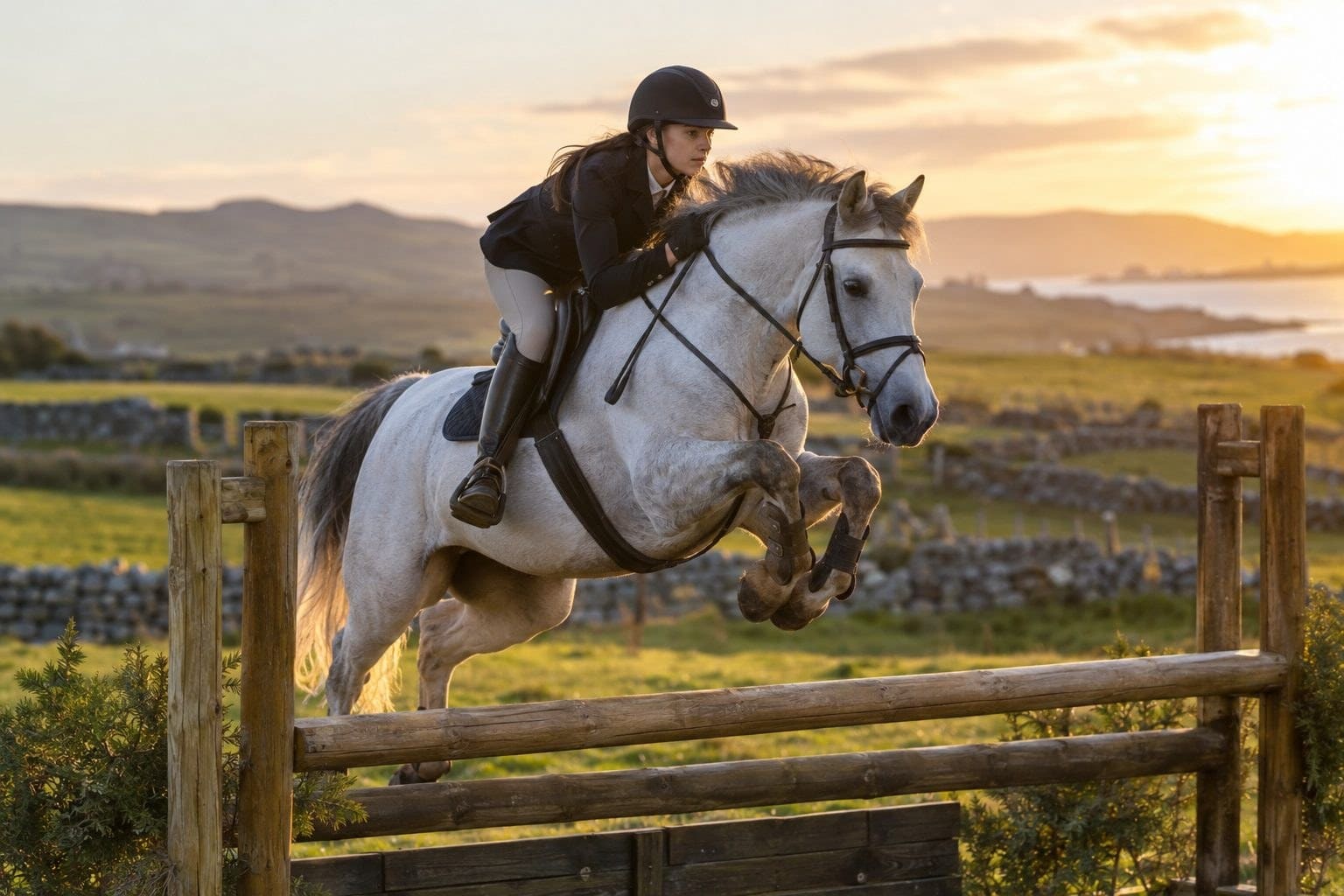 Poney Connemara sautant un obstacle sportif