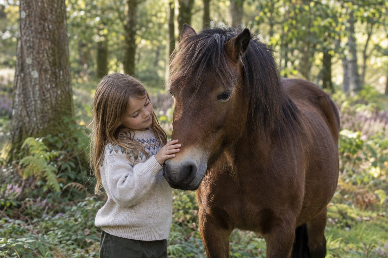 Poney New Forest avec enfant, caractère doux