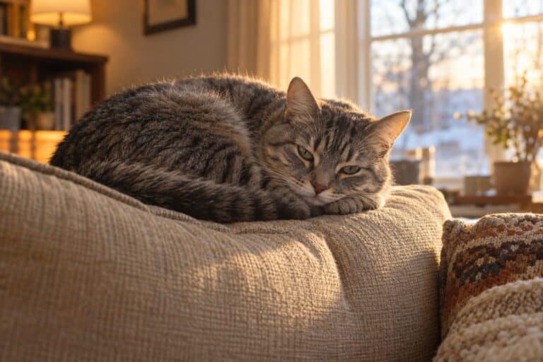 Un chat gris tigré blotti sur le dossier d'un canapé en tissu beige, en fin d'après-midi hivernale avec lumière douce dorée traversant une fenêtre