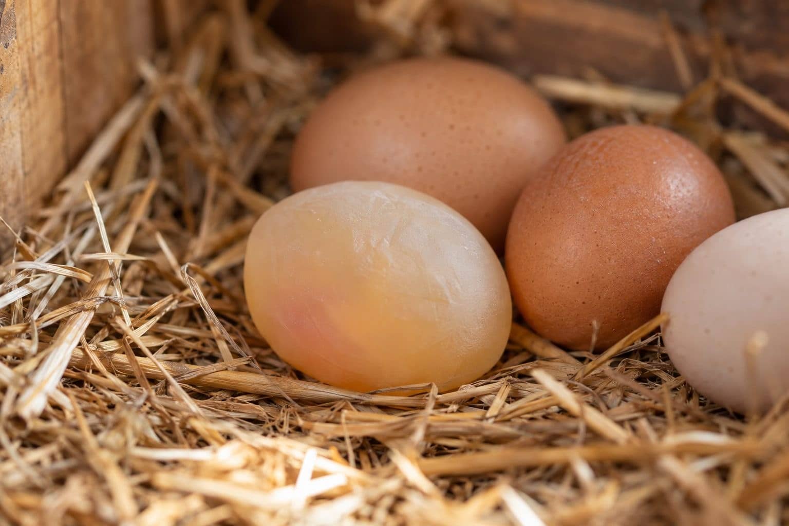 Gros plan d'un œuf sans coquille pondu par une poule domestique