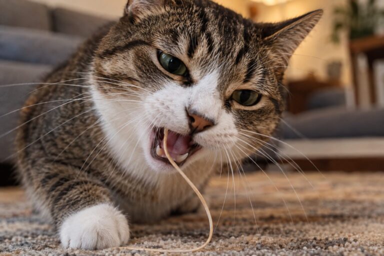 Chat domestique en gros plan avalant ou mâchonnant un fil ou un élastique