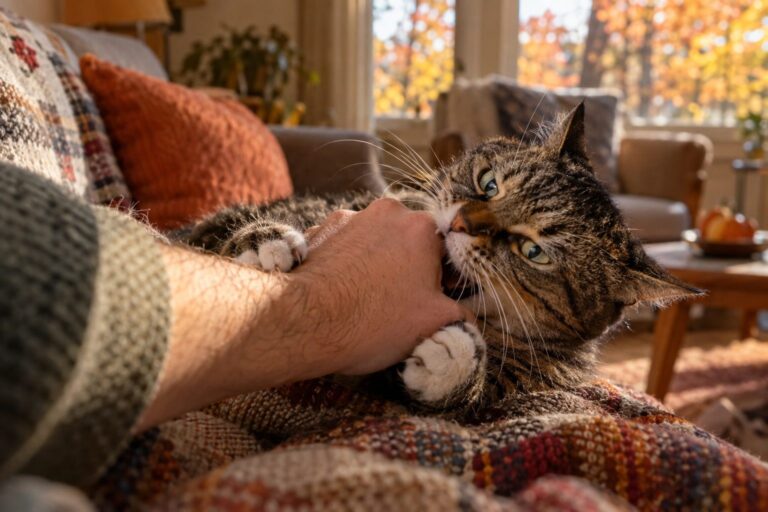 Un chat domestique (Felis catus) allongé sur un plaid en automne, soudainement en train de griffer ou mordre la main d'une personne qui le caressait, montrant le contraste entre son calme apparent et son agression soudaine