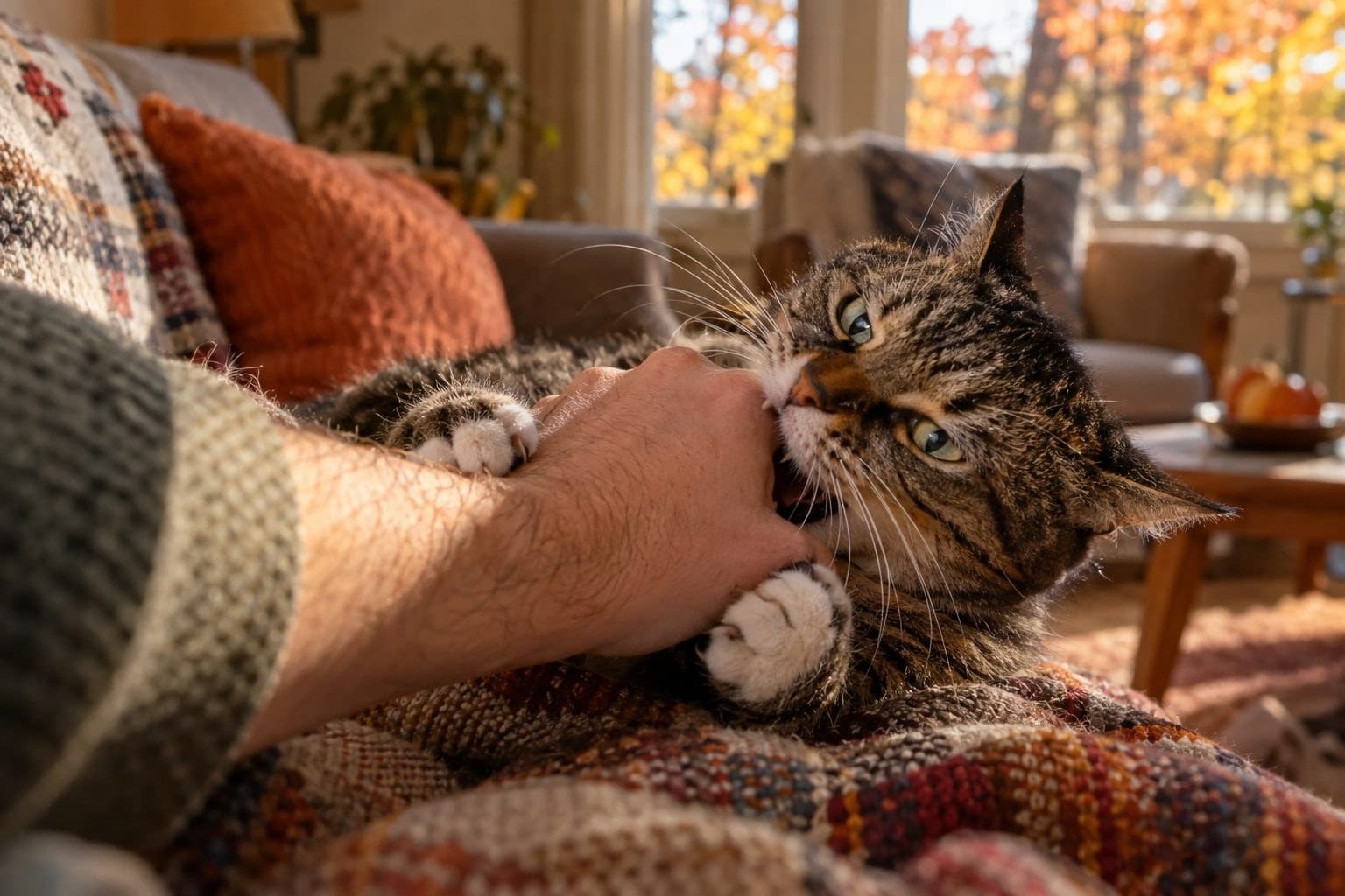 Un chat domestique (Felis catus) allongé sur un plaid en automne, soudainement en train de griffer ou mordre la main d'une personne qui le caressait, montrant le contraste entre son calme apparent et son agression soudaine