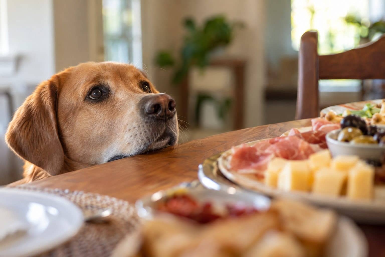 Un chien de taille moyenne qui regarde intensément une assiette avec de la nourriture posée sur une table de salle à manger, avec des yeux suppliants et une expression gourmande