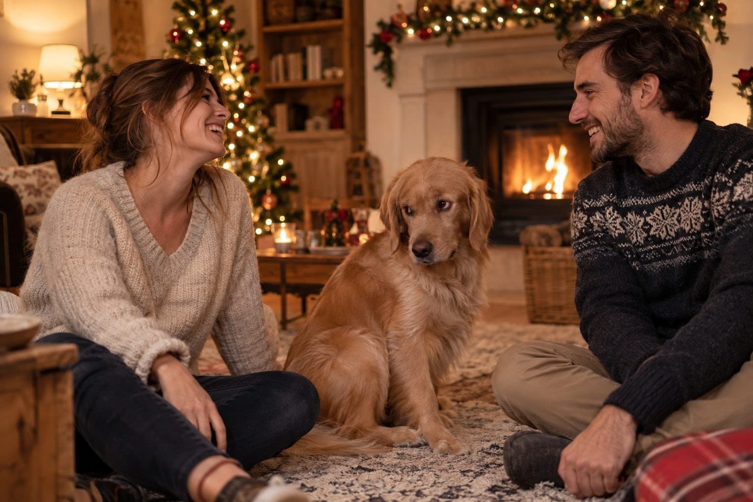 Un chien assis entre sa maîtresse et un ami, regardant la maîtresse avec une expression boudeuse et jalouse pendant qu'elle parle à l'ami