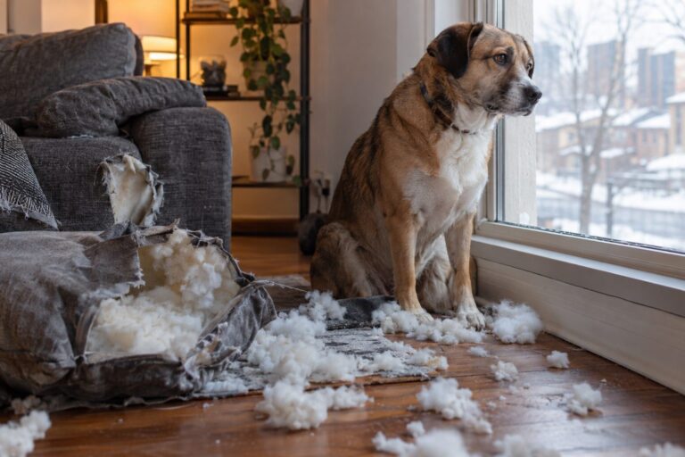 Un chien triste et anxieux regardant par la fenêtre d'un appartement moderne pendant le jour, avec des coussins éventrés visibles au premier plan