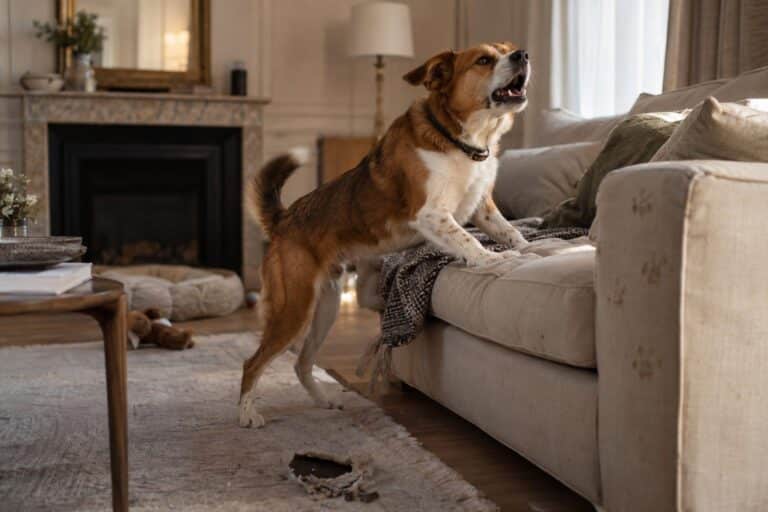 Un chien domestique (Canis familiaris) montrant des comportements naturels considérés comme gênants en appartement : aboiement, creusage, reniflement du sol