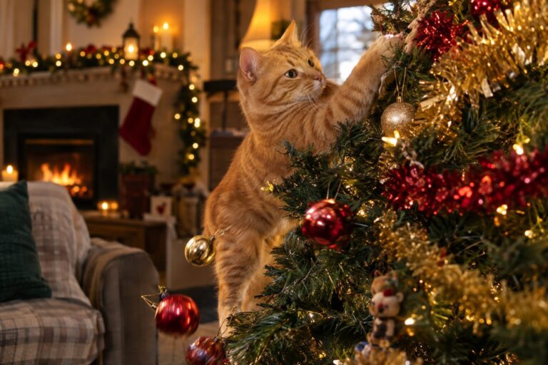 Un chat roux grimpant sur un sapin de Noël décoré de guirlandes dans un salon cosy en hiver, avec des ornements qui tombent