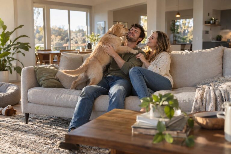 Un couple assis sur un canapé avec un chiot Golden Retriever qui saute dessus de manière espiègle, créant une scène de chaos affectueux dans un salon moderne
