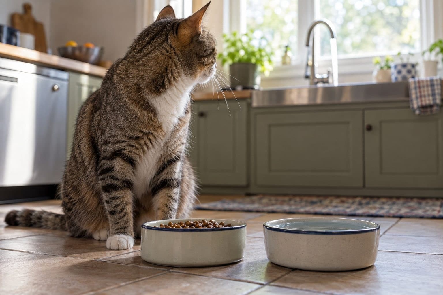Chat domestique refusant de boire à sa gamelle d'eau placée près de ses croquettes, préférant boire au robinet