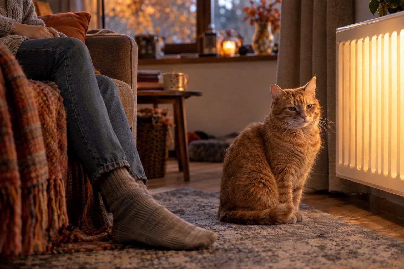 Un chat roux assis à côté d'un radiateur chaud en automne, refusant les genoux de son propriétaire