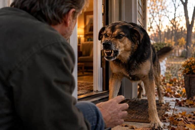 Un chien de race moyenne, autrefois calme et serein, montrant soudainement des signes d'agression (grognement, crocs visibles, posture menaçante) face à son propriétaire sur le seuil d'une maison en automne