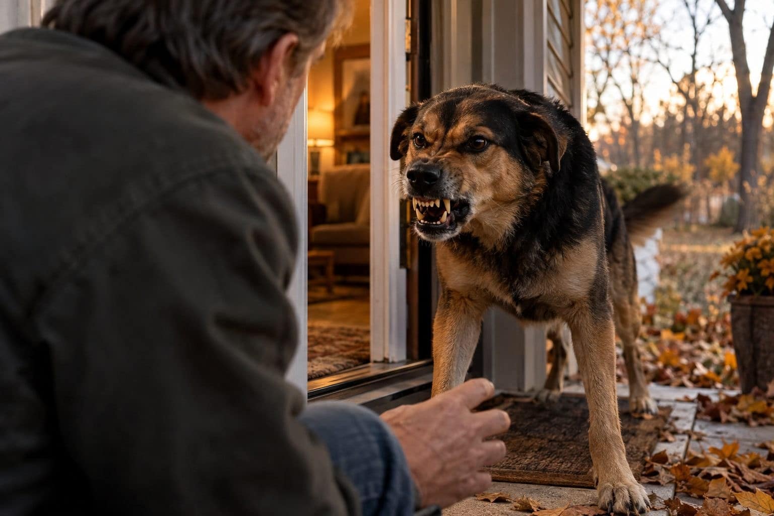 Un chien de race moyenne, autrefois calme et serein, montrant soudainement des signes d'agression (grognement, crocs visibles, posture menaçante) face à son propriétaire sur le seuil d'une maison en automne