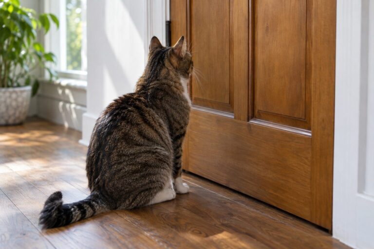 Un chat gris assis devant une porte fermée en bois, regardant intensément la porte avec les oreilles dressées, dans un couloir d'intérieur lumineux