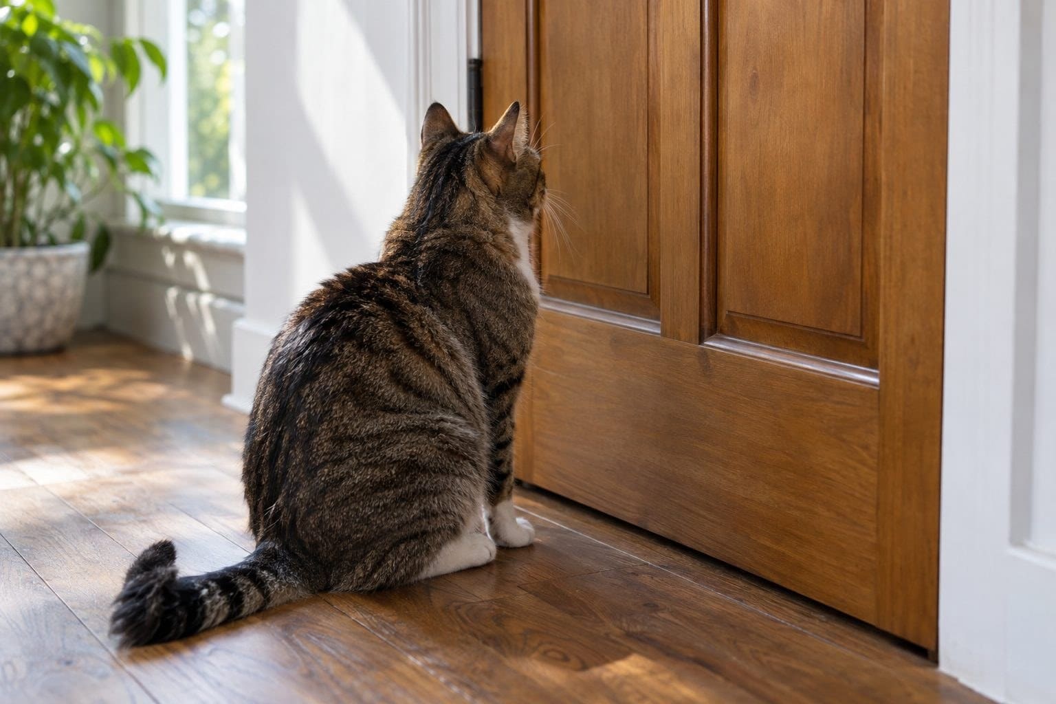 Un chat gris assis devant une porte fermée en bois, regardant intensément la porte avec les oreilles dressées, dans un couloir d'intérieur lumineux