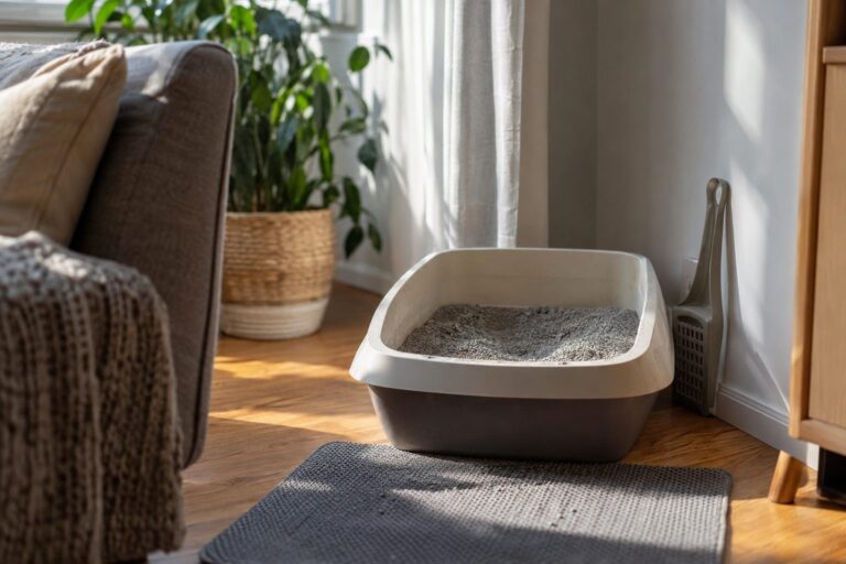 Un bac à litière pour chat (Felis catus) dans un salon moderne, avec des granulés visibles, photographié de manière réaliste montrant l'omniprésence de cet objet du quotidien
