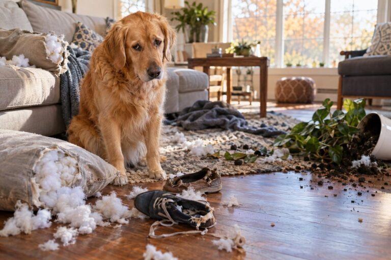 Un chien Golden Retriever seul dans un salon en désordre avec des coussins éventrés et des chaussures déchiquetées, regard anxieux
