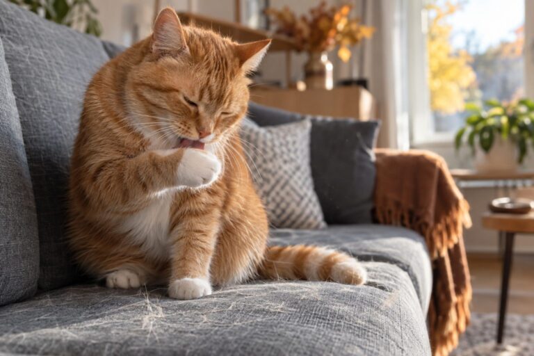 Un chat roux en train de se lécher intensément le pelage, assis sur un canapé gris en intérieur moderne, avec des touffes de poils visibles sur le tissu