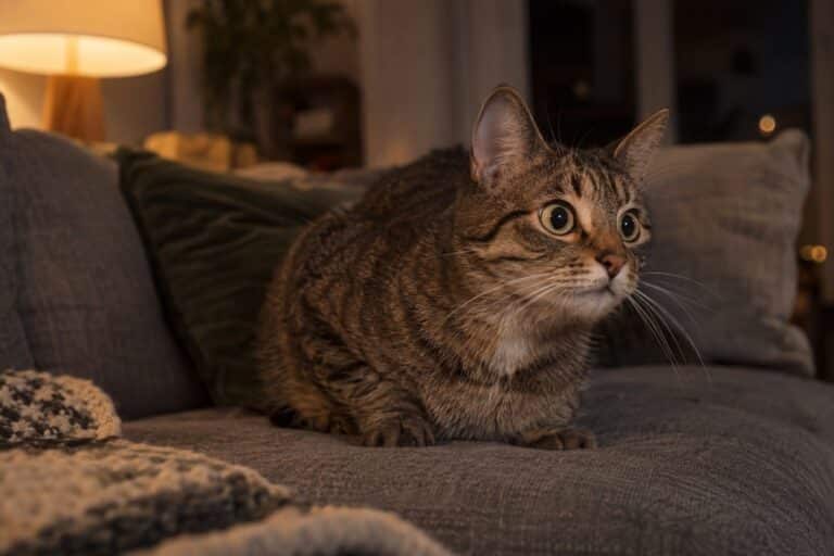 Chat gris allongé sur un canapé la nuit, les yeux grands ouverts et alertes, montrant des signes d'insomnie et d'agitation nocturne