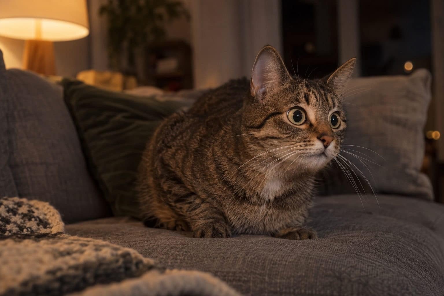Chat gris allongé sur un canapé la nuit, les yeux grands ouverts et alertes, montrant des signes d'insomnie et d'agitation nocturne