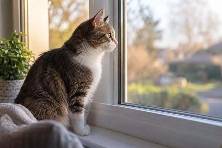 Un chat domestique assis sur un rebord de fenêtre, regardant vers l'extérieur à travers la vitre avec une attention intense