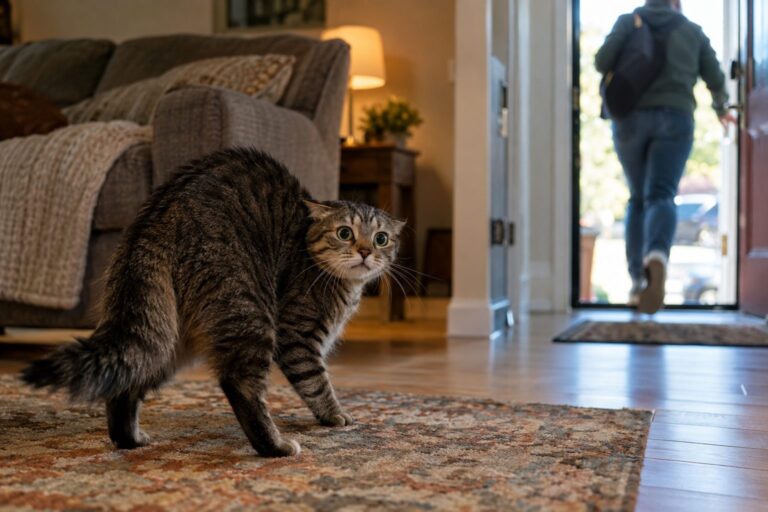 Un chat domestique (Felis catus) aux yeux dilatés et à la queue basse, surpris et effrayé par l'arrivée soudaine de son propriétaire franchissant la porte d'entrée d'un appartement