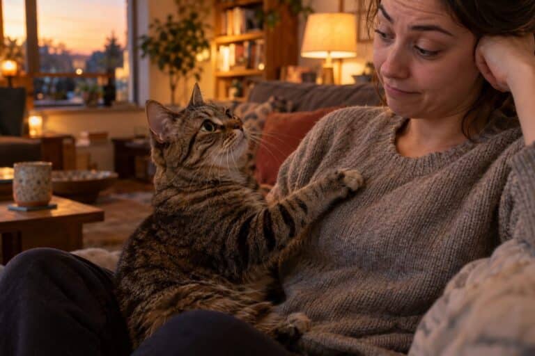 Un chat tigré allongé sur les genoux d'une personne en fin d'après-midi, réclamant de l'attention avec une expression insistante