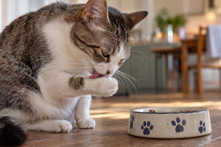 Un chat domestique (Felis catus) léchant intensément ses pattes avant après avoir mangé, vu de près