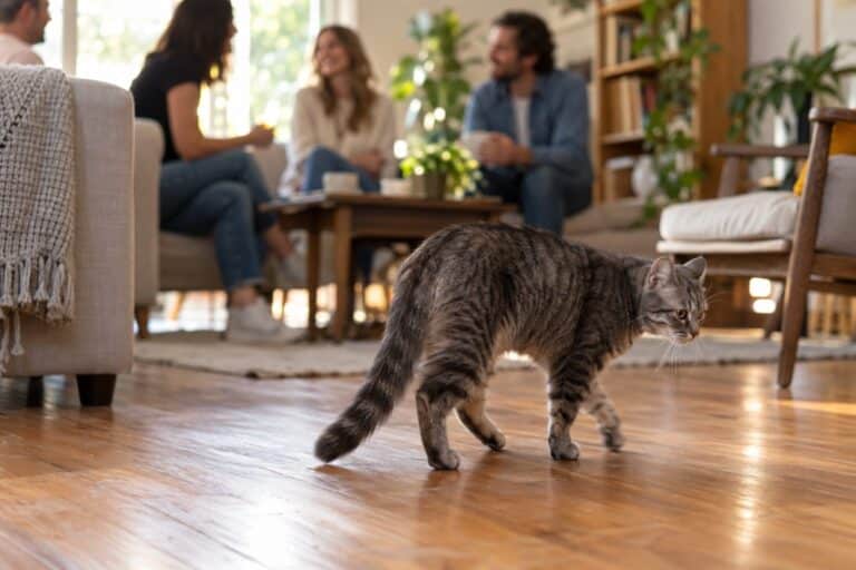 Un chat gris tabby qui s'éloigne discrètement, la queue basse, d'un groupe de personnes bavards dans un salon animé