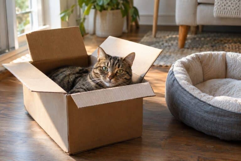 Un chat gris tabby allongé confortablement dans un carton de livraison ouvert, ignorant complètement un panier pour chat moderne posé à côté