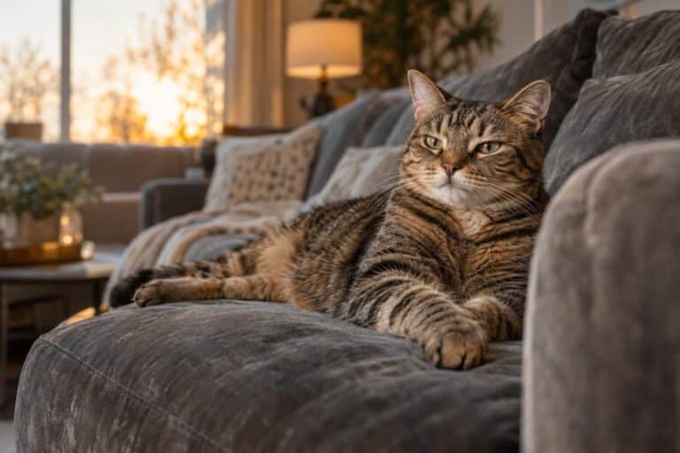 Un chat gris tigré confortablement allongé sur un canapé gris en velours, dans un salon moderne en fin d'après-midi automnale avec lumière chaude douce passant par une fenêtre