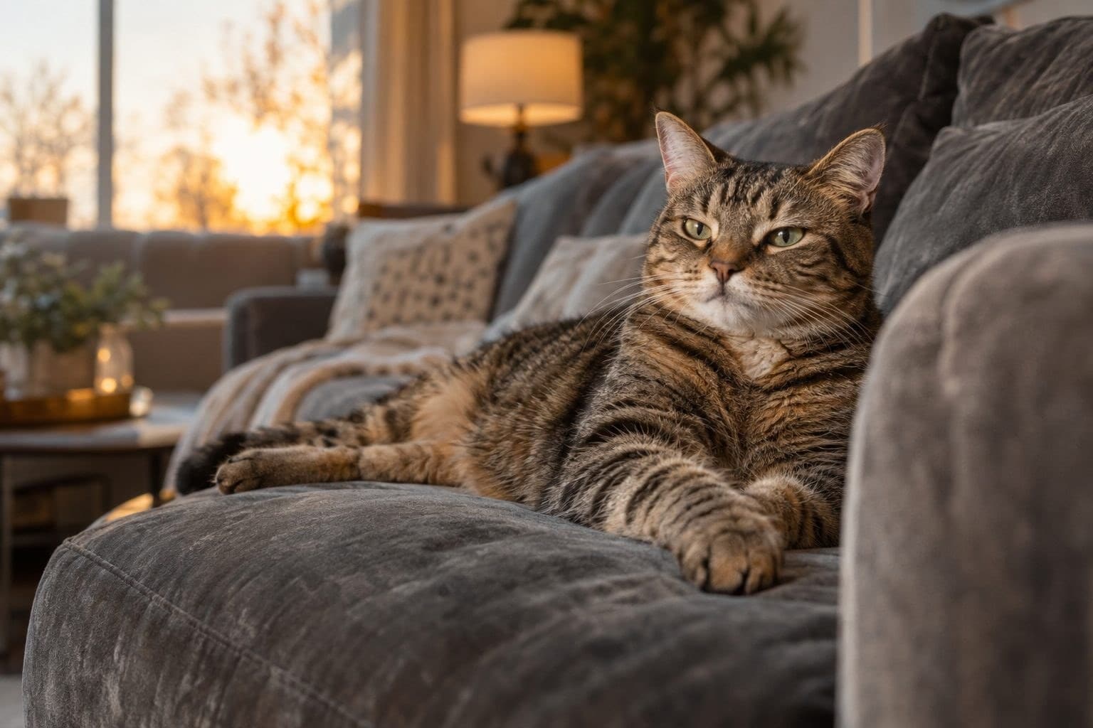 Un chat gris tigré confortablement allongé sur un canapé gris en velours, dans un salon moderne en fin d'après-midi automnale avec lumière chaude douce passant par une fenêtre