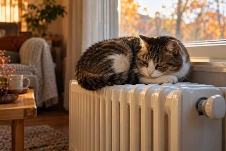 Un chat gris enroulé sur un radiateur blanc dans un intérieur chaleureux en fin d'automne, regardant vers le bas avec une expression indifférente
