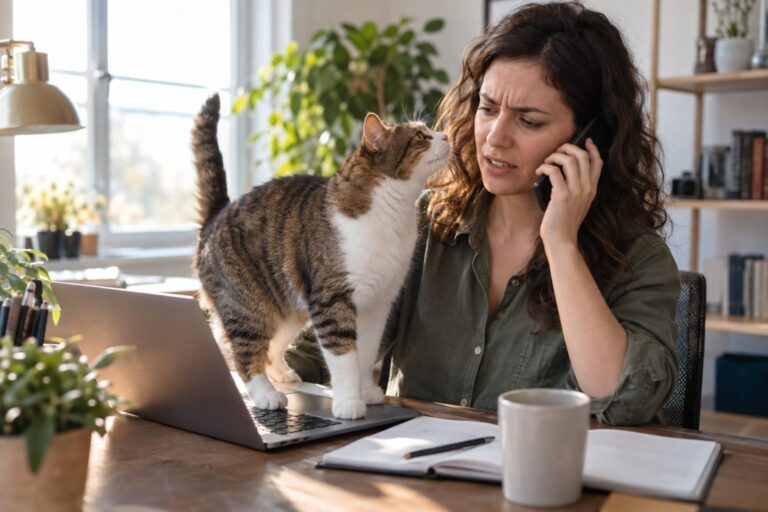 Un chat interrompant une personne en train de téléphoner, assis sur son clavier ou ses documents