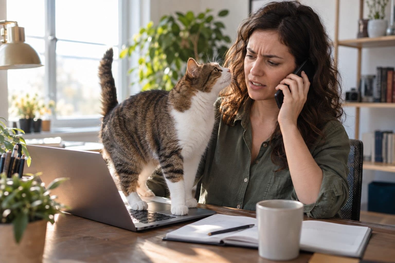 Un chat interrompant une personne en train de téléphoner, assis sur son clavier ou ses documents