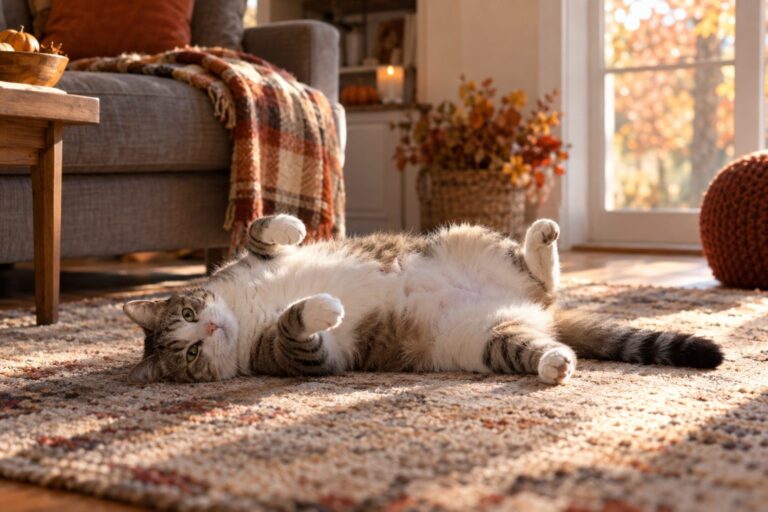 Chat domestique allongé sur le dos montrant son ventre dans un salon lumineux en automne