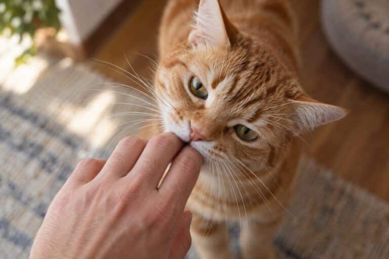 Chat roux mordillant délicatement les doigts d'une main humaine en gros plan