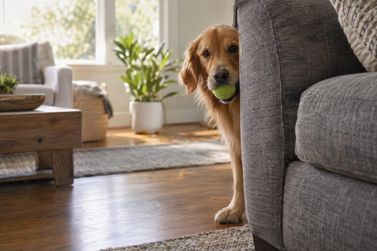 Un chien Golden Retriever caché derrière un canapé gris, avec une balle de tennis dans la gueule, dans un salon lumineux